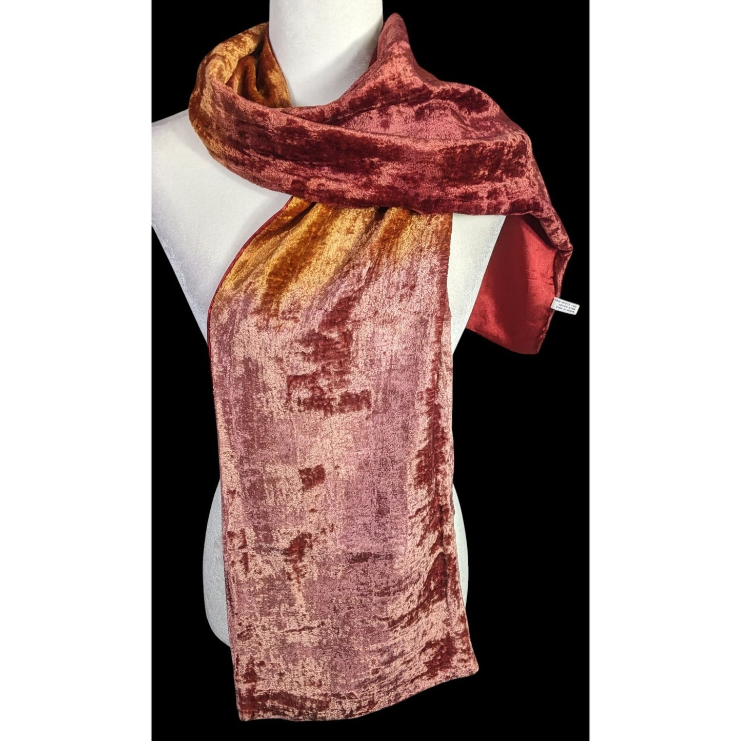Vintage One If By Land Velvet Scarf Ombre Red Gold Pink 60"x10" Made In India