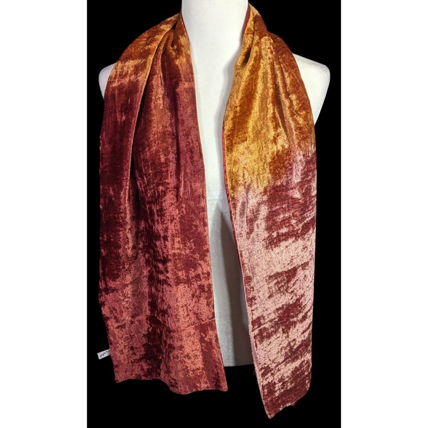Vintage One If By Land Velvet Scarf Ombre Red Gold Pink 60"x10" Made In India
