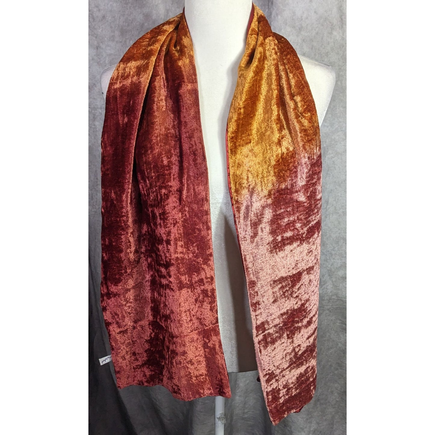 Vintage One If By Land Velvet Scarf Ombre Red Gold Pink 60"x10" Made In India