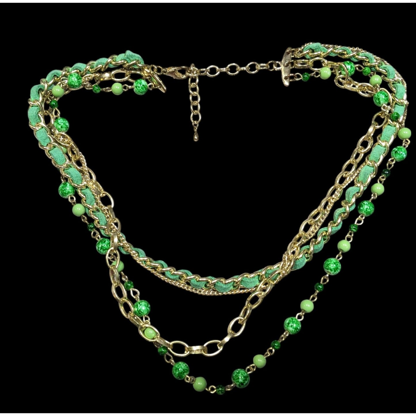 Retro Green And Gold Tone Multilayer Chain Bead And Leather Necklace