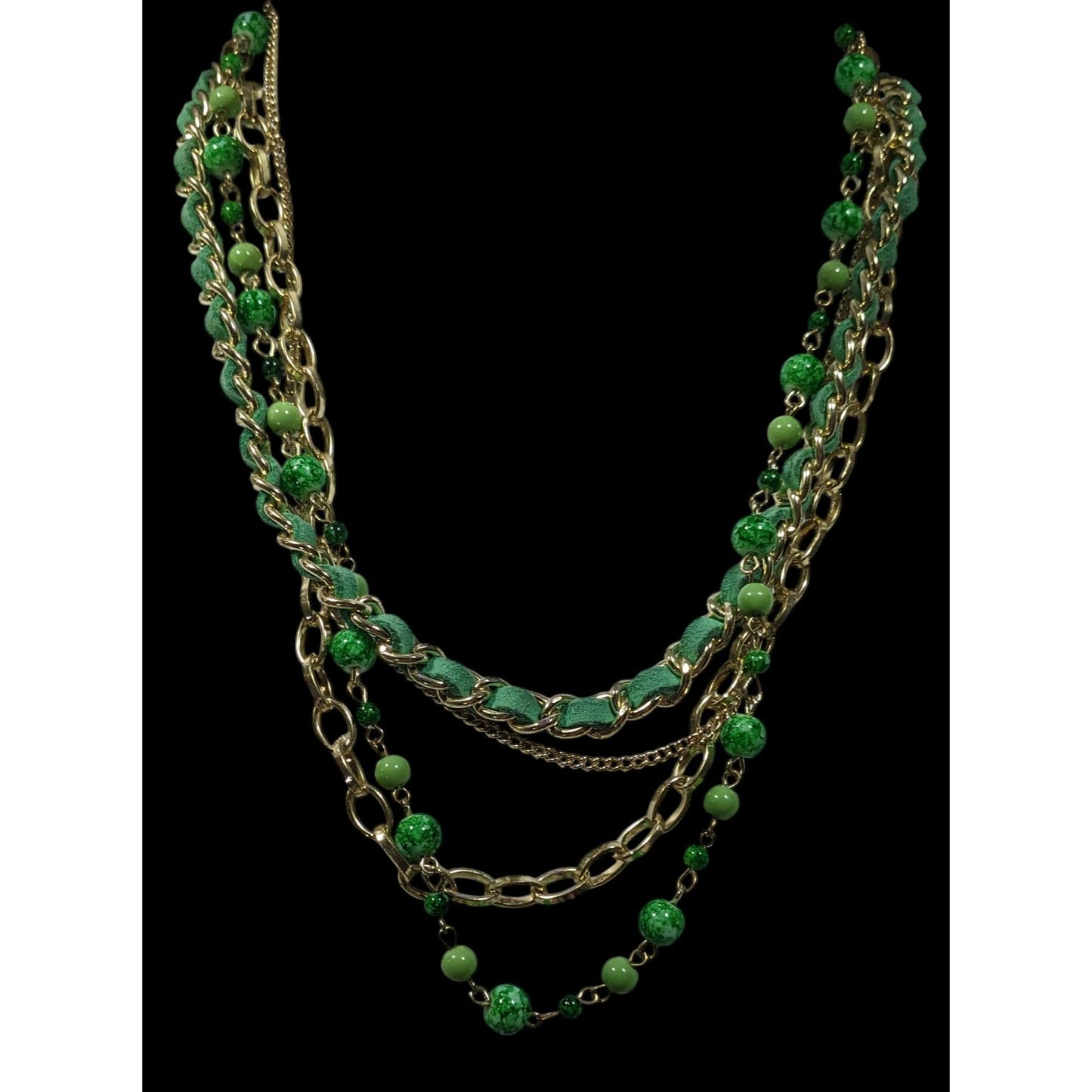 Retro Green And Gold Tone Multilayer Chain Bead And Leather Necklace