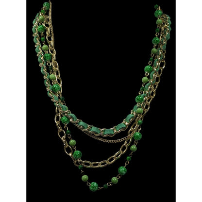 Retro Green And Gold Tone Multilayer Chain Bead And Leather Necklace