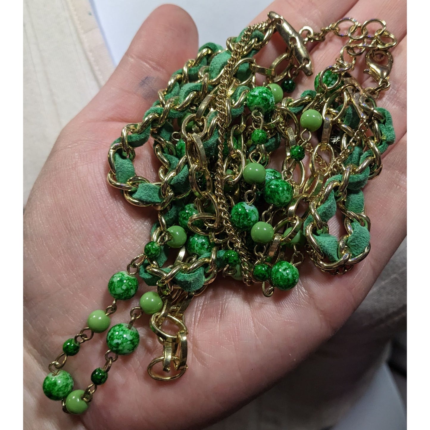 Retro Green And Gold Tone Multilayer Chain Bead And Leather Necklace