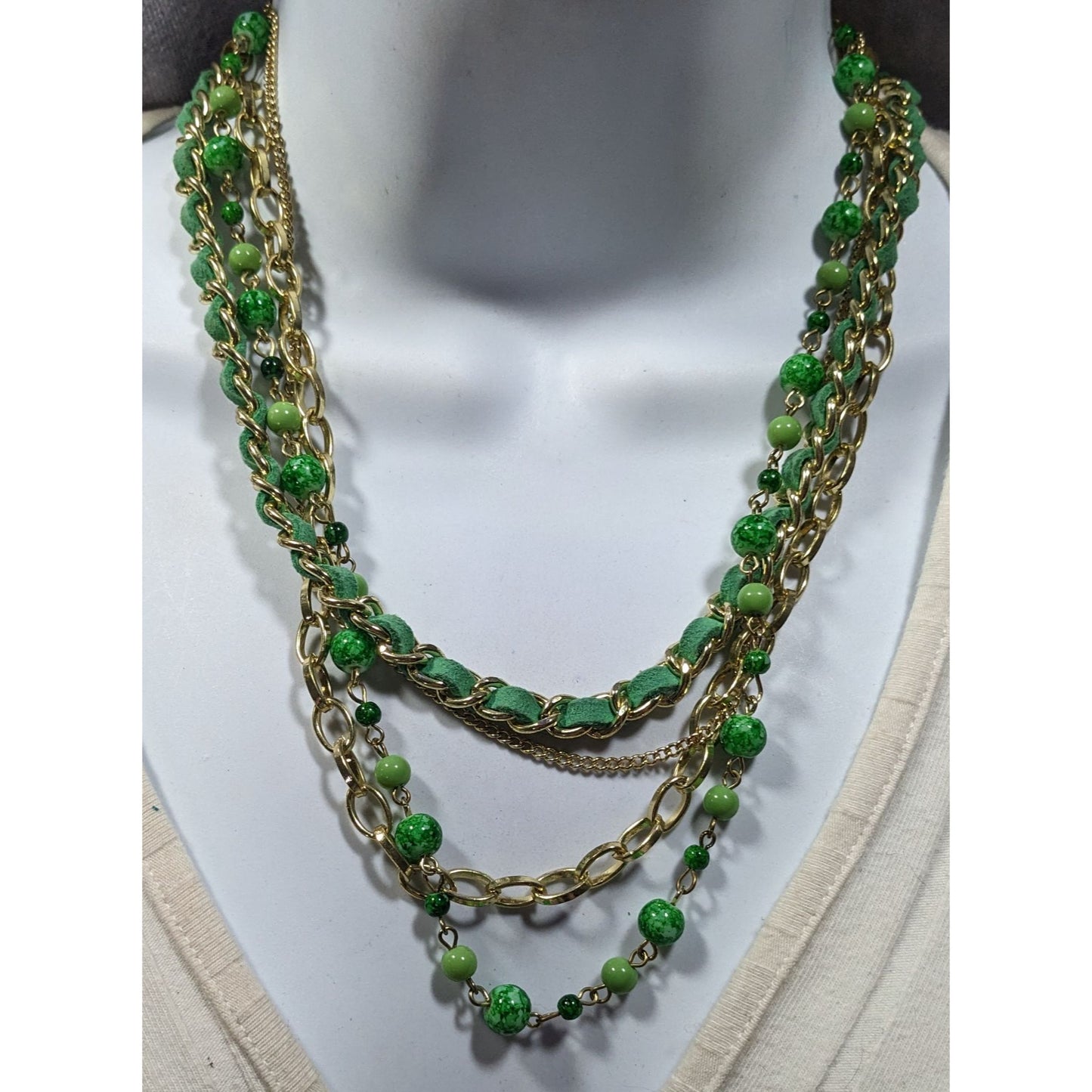 Retro Green And Gold Tone Multilayer Chain Bead And Leather Necklace