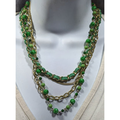 Retro Green And Gold Tone Multilayer Chain Bead And Leather Necklace