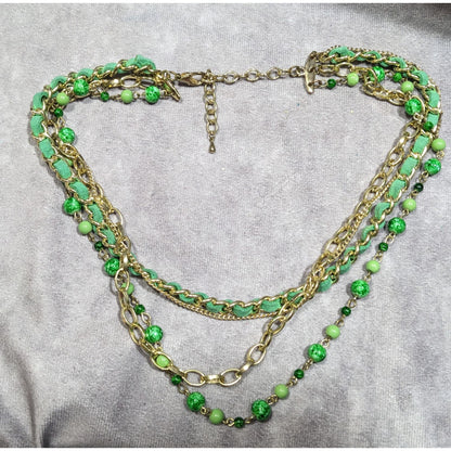 Retro Green And Gold Tone Multilayer Chain Bead And Leather Necklace