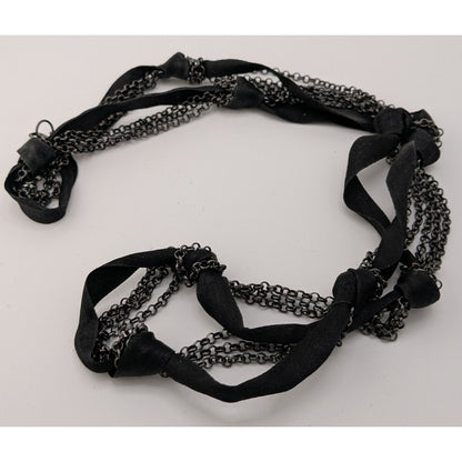 Gothic Black Multi-Chain Layered Necklace With Ribbon Knots
