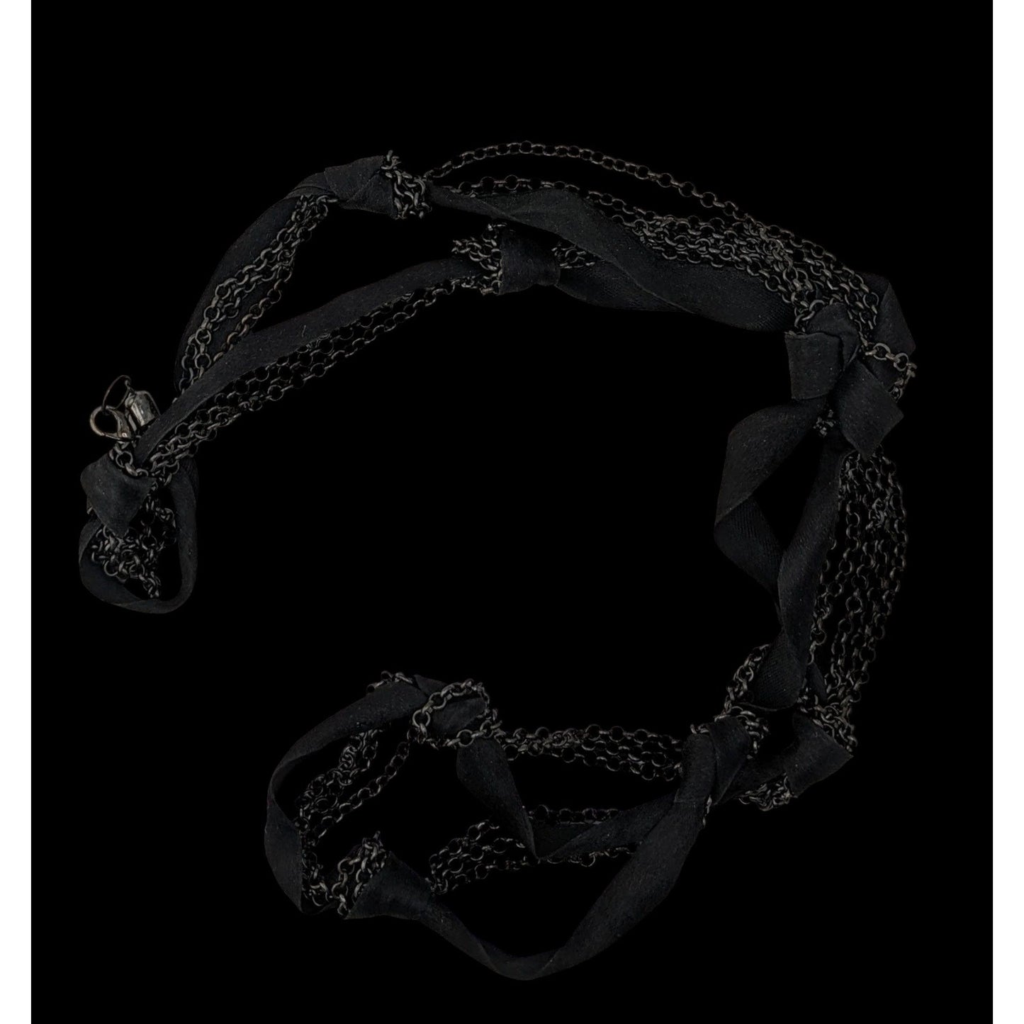 Gothic Black Multi-Chain Layered Necklace With Ribbon Knots