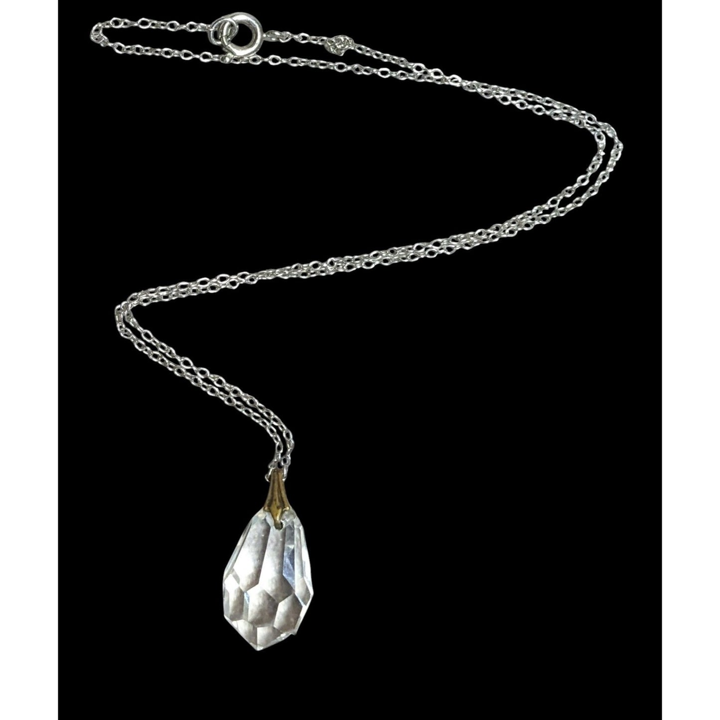 Teardrop Crystal Pendant Necklace On Delicate Silver Tone Chain