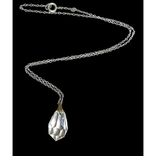 Teardrop Crystal Pendant Necklace On Delicate Silver Tone Chain