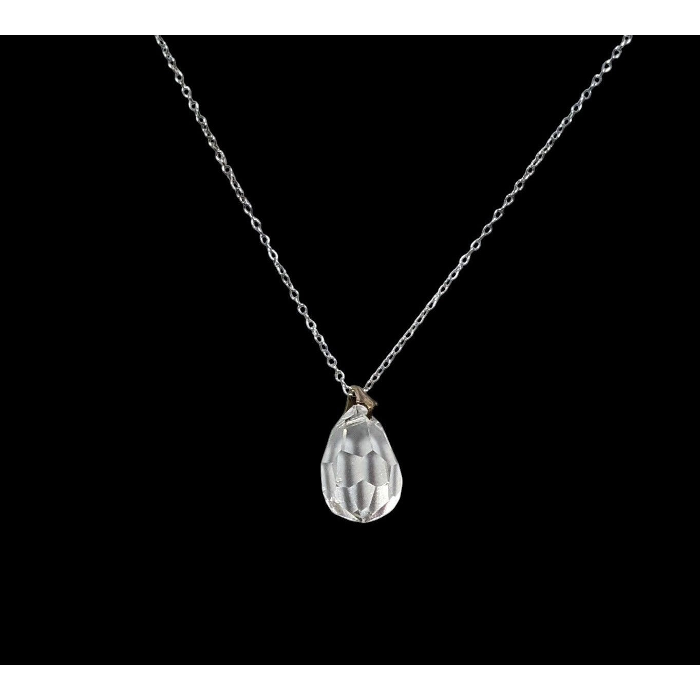 Teardrop Crystal Pendant Necklace On Delicate Silver Tone Chain