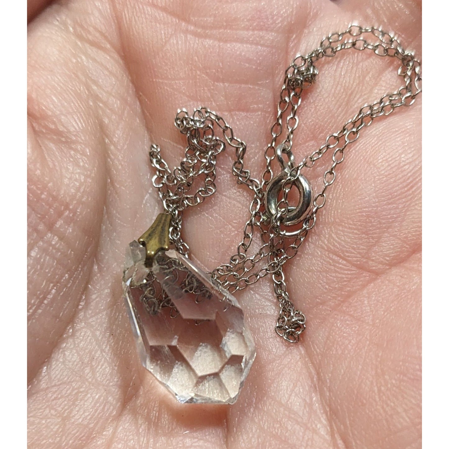 Teardrop Crystal Pendant Necklace On Delicate Silver Tone Chain