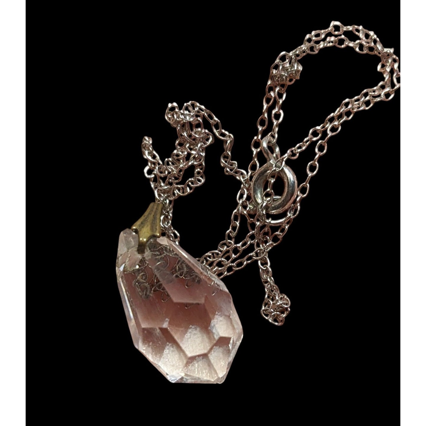 Teardrop Crystal Pendant Necklace On Delicate Silver Tone Chain