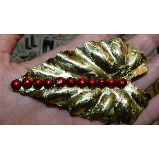 Vintage Christmas Holiday Leaf Brooch With Red Accents