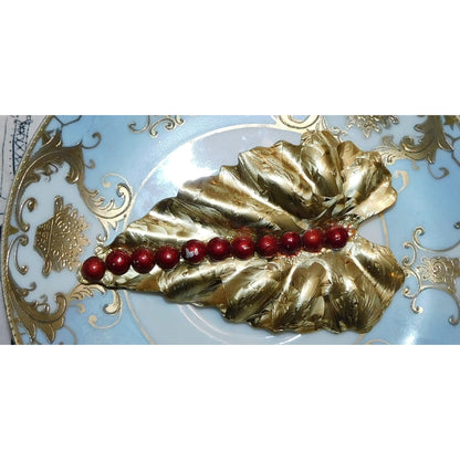 Vintage Christmas Holiday Leaf Brooch With Red Accents