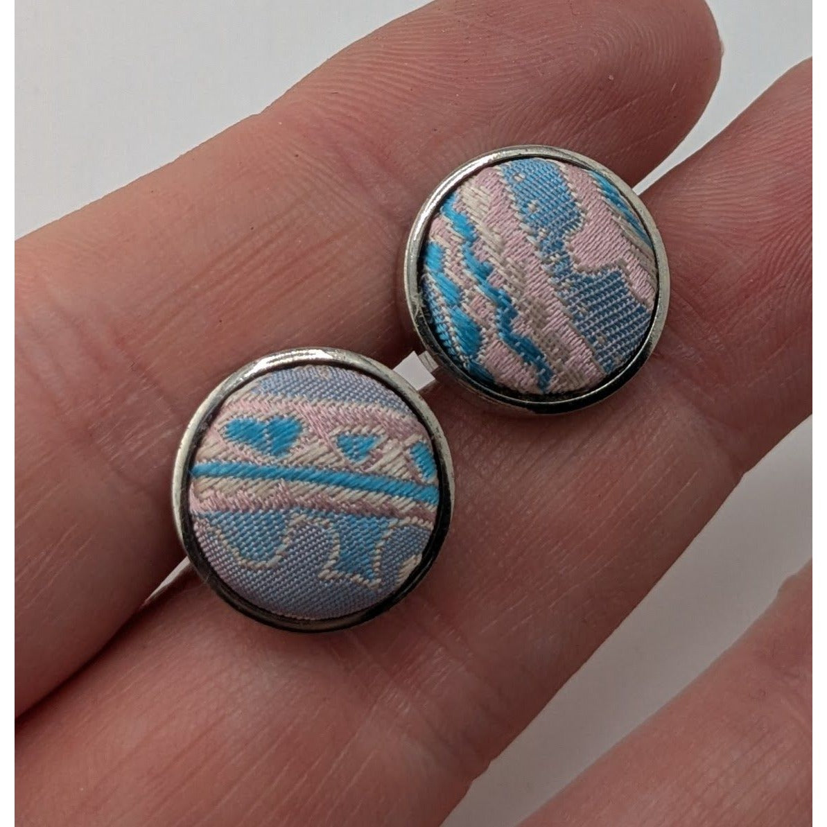 Vintage Embroidered Fabric Cufflinks Pink Blue Victorian Romantic Accessories