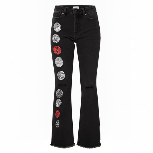 Upcycled 21 Pilots Hand-Painted YMI Black Flare Jeans With 21 Pilots-Inspired Art Size 9/29 Custom Frayed Hem