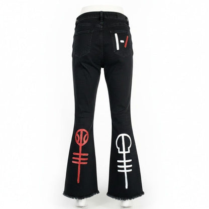 Upcycled 21 Pilots Hand-Painted YMI Black Flare Jeans With 21 Pilots-Inspired Art Size 9/29 Custom Frayed Hem