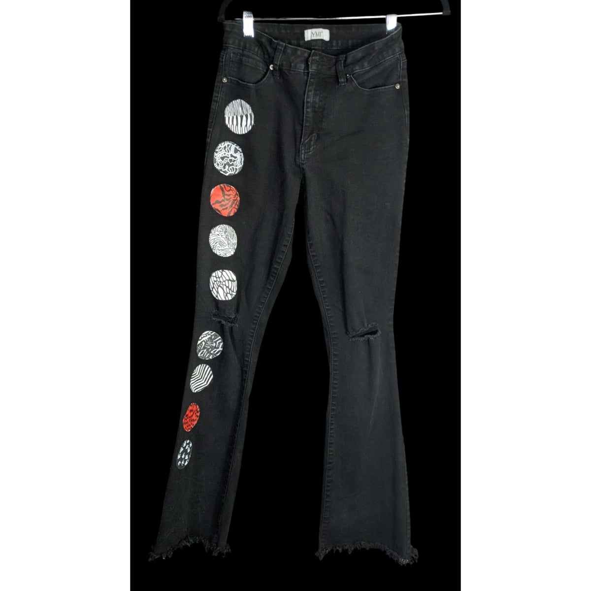 Upcycled 21 Pilots Hand-Painted YMI Black Flare Jeans With 21 Pilots-Inspired Art Size 9/29 Custom Frayed Hem