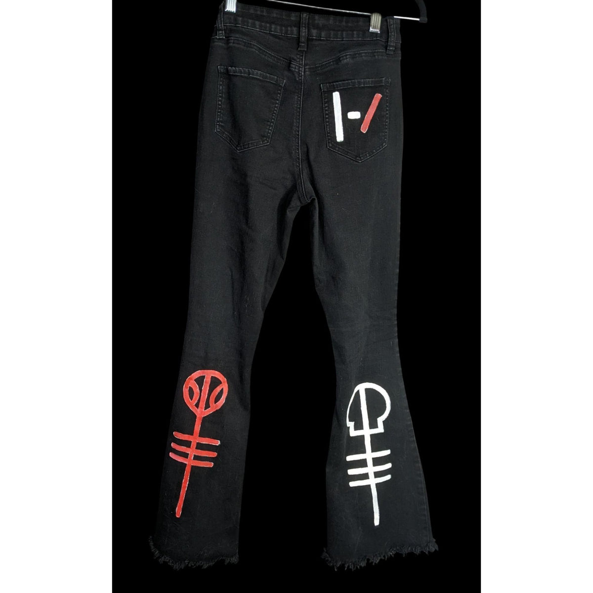 Upcycled 21 Pilots Hand-Painted YMI Black Flare Jeans With 21 Pilots-Inspired Art Size 9/29 Custom Frayed Hem