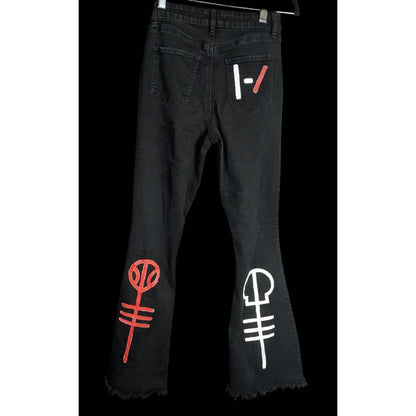 Upcycled 21 Pilots Hand-Painted YMI Black Flare Jeans With 21 Pilots-Inspired Art Size 9/29 Custom Frayed Hem