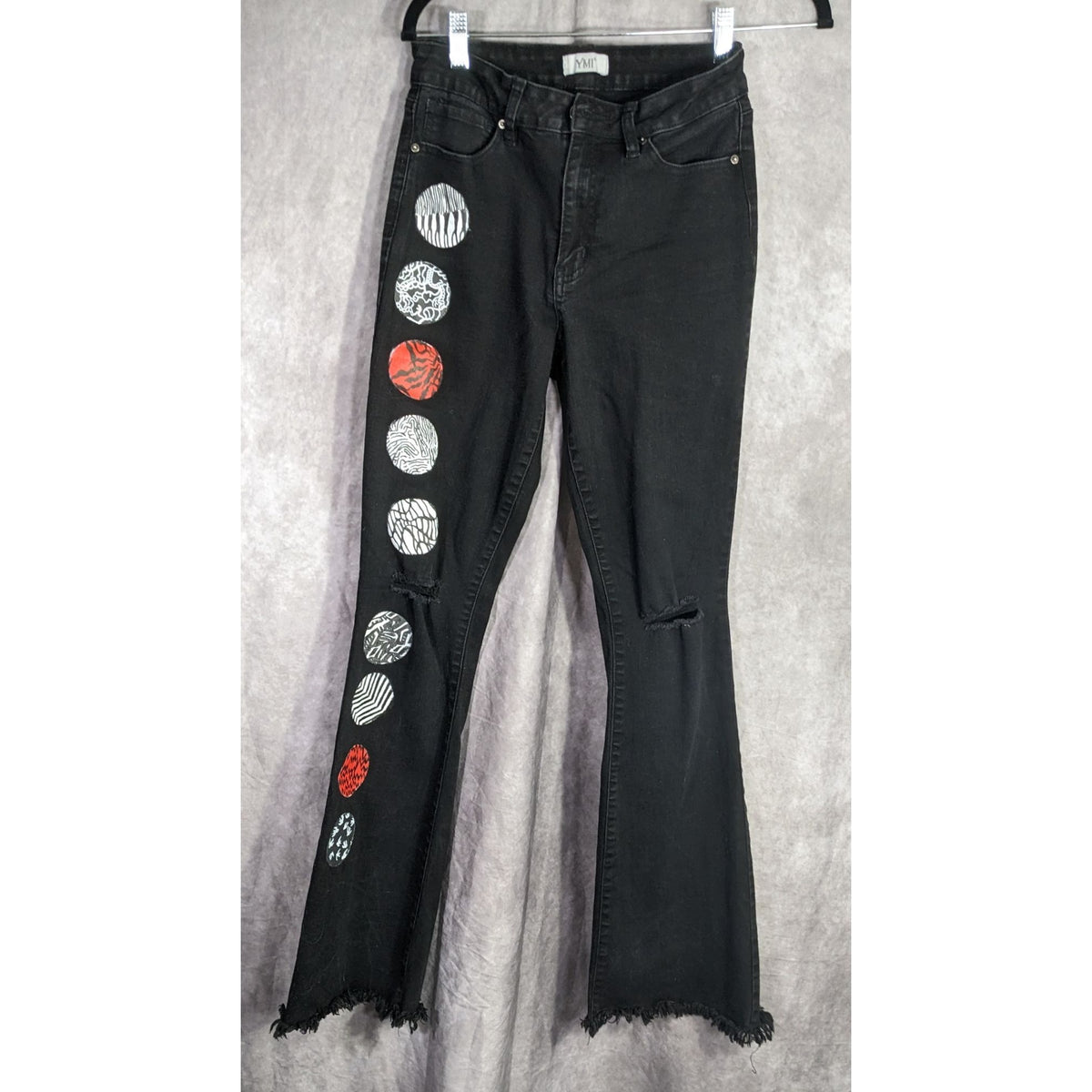 Upcycled 21 Pilots Hand-Painted YMI Black Flare Jeans With 21 Pilots-Inspired Art Size 9/29 Custom Frayed Hem