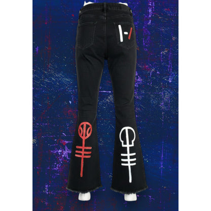Upcycled 21 Pilots Hand-Painted YMI Black Flare Jeans With 21 Pilots-Inspired Art Size 9/29 Custom Frayed Hem