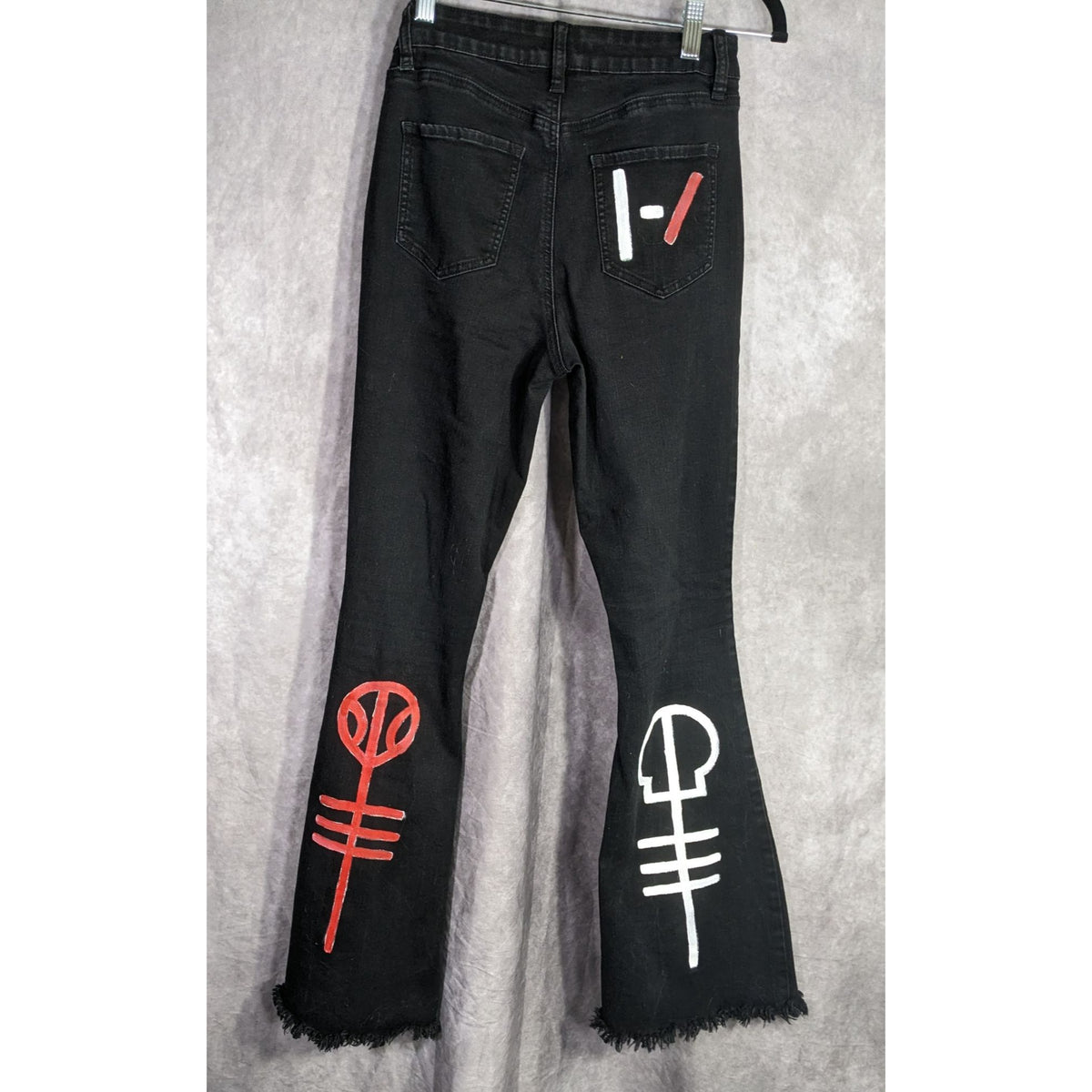 Upcycled 21 Pilots Hand-Painted YMI Black Flare Jeans With 21 Pilots-Inspired Art Size 9/29 Custom Frayed Hem