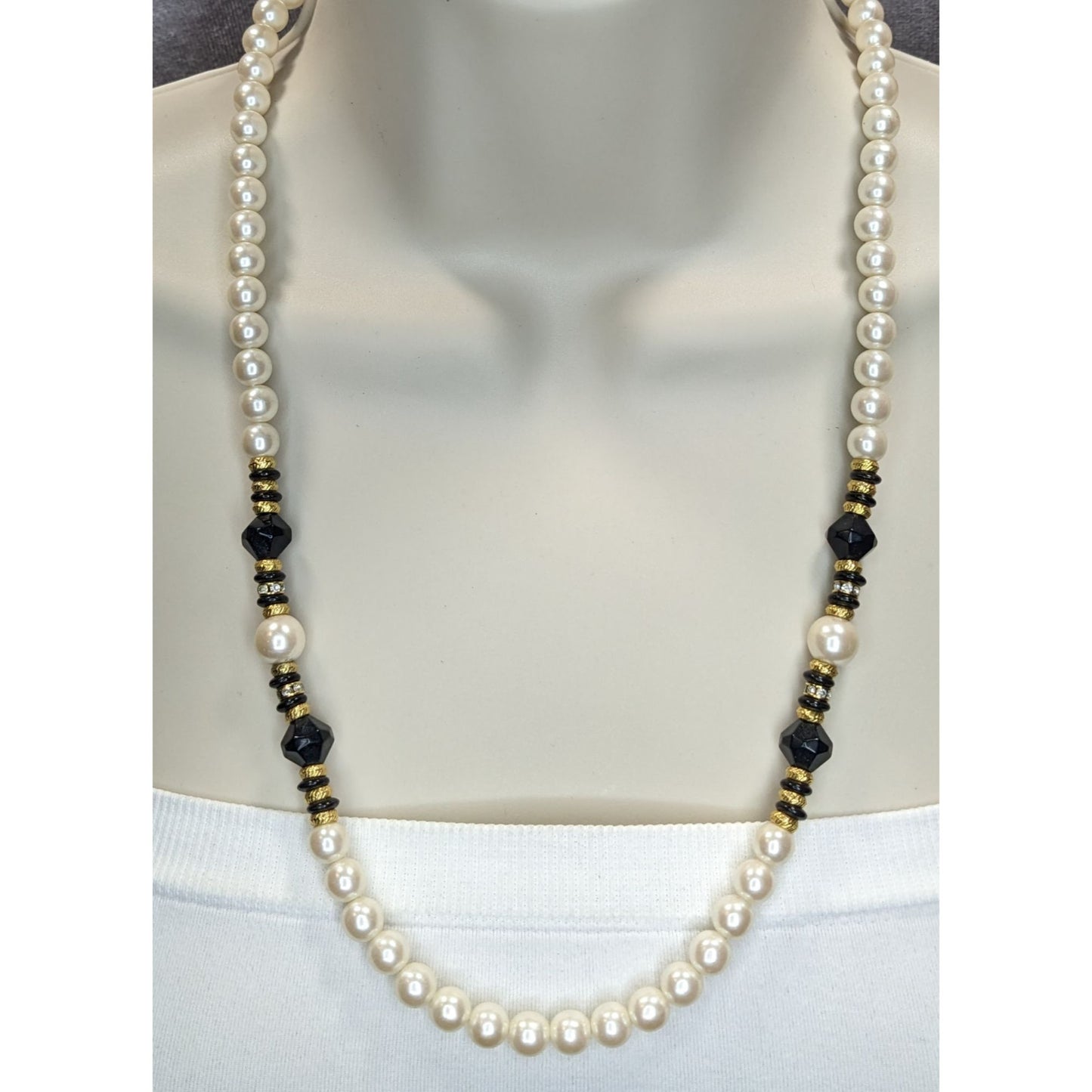 Vintage Faux Pearl Necklace Glass Beads Black Gold Classic Elegant