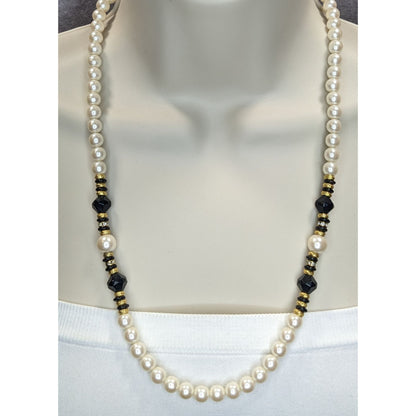 Vintage Faux Pearl Necklace Glass Beads Black Gold Classic Elegant