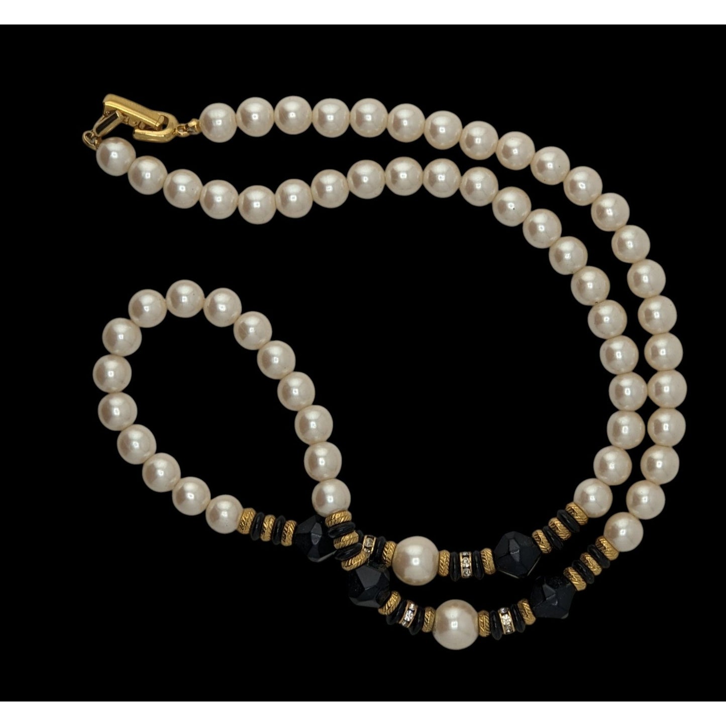 Vintage Faux Pearl Necklace Glass Beads Black Gold Classic Elegant