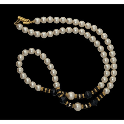 Vintage Faux Pearl Necklace Glass Beads Black Gold Classic Elegant