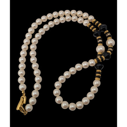 Vintage Faux Pearl Necklace Glass Beads Black Gold Classic Elegant