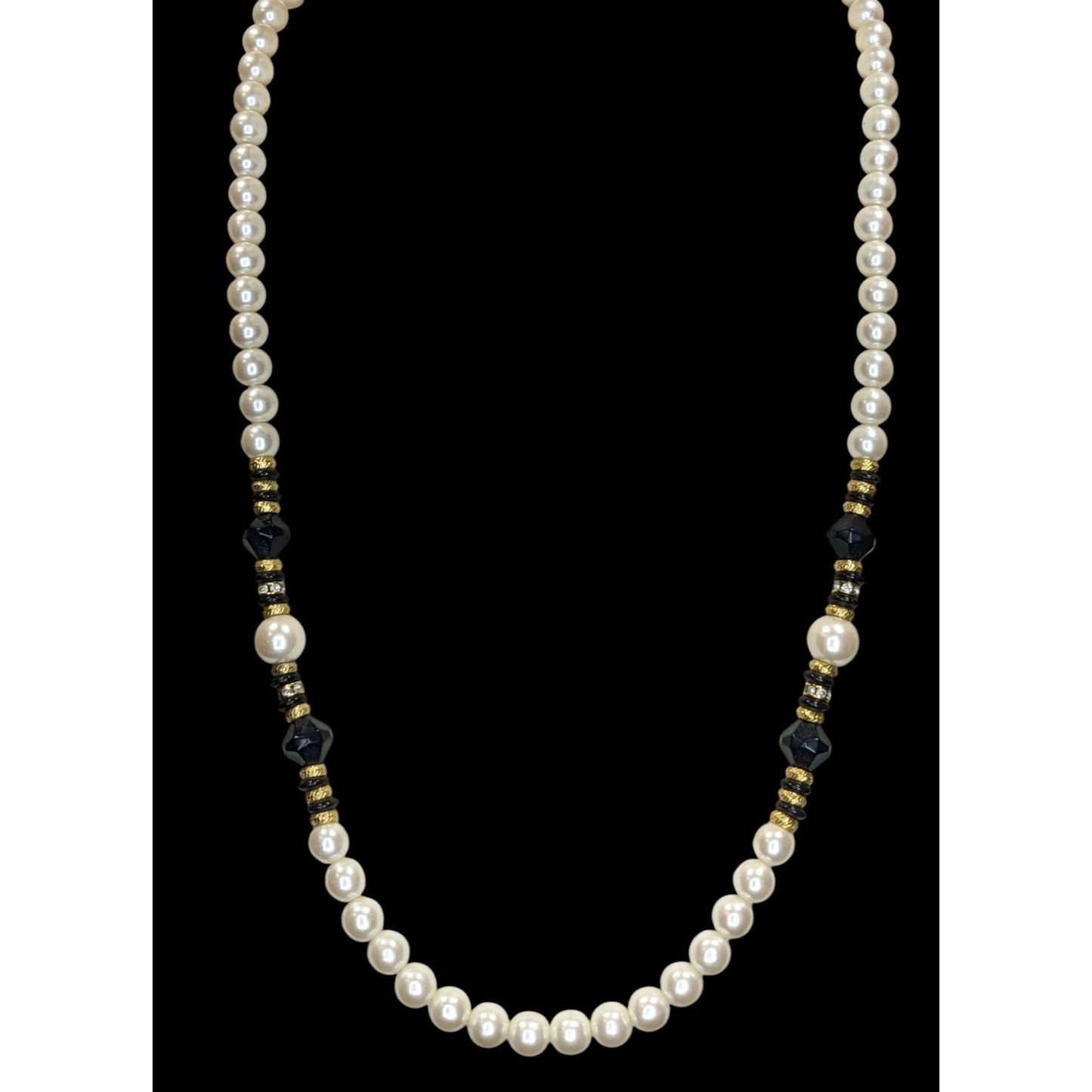 Vintage Faux Pearl Necklace Glass Beads Black Gold Classic Elegant