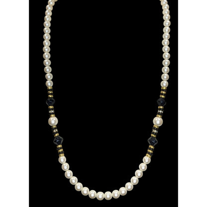 Vintage Faux Pearl Necklace Glass Beads Black Gold Classic Elegant