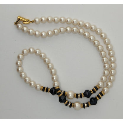 Vintage Faux Pearl Necklace Glass Beads Black Gold Classic Elegant