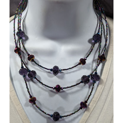 Whimsical Oil Slick Blue And Purple Glass Beaded Multilayer Necklace