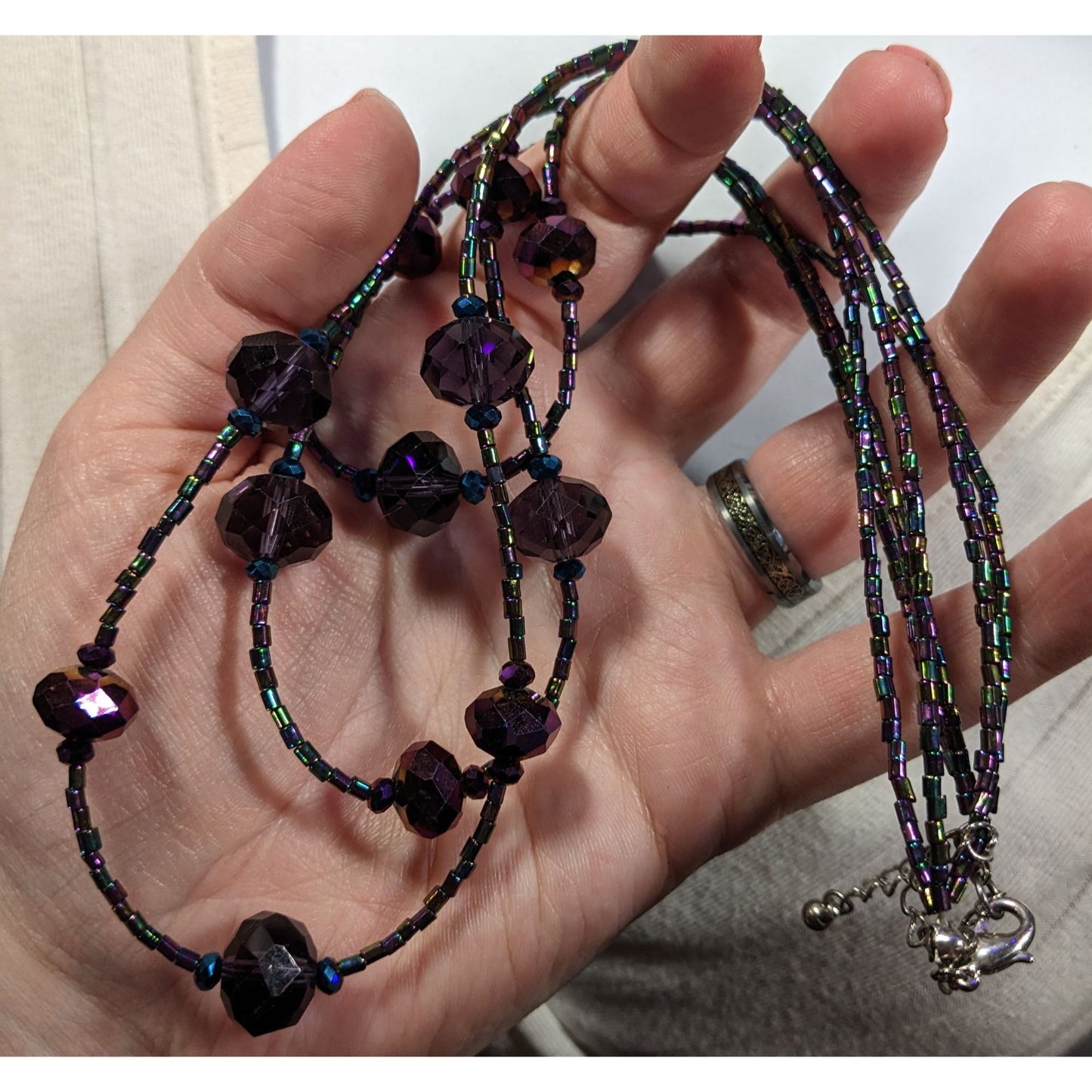 Whimsical Oil Slick Blue And Purple Glass Beaded Multilayer Necklace