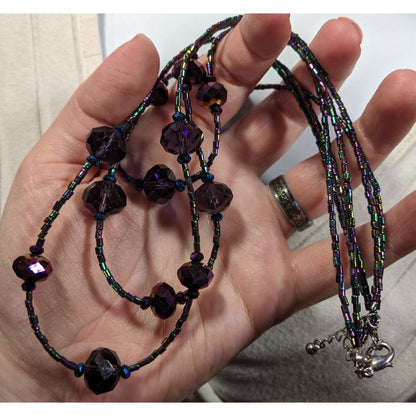 Whimsical Oil Slick Blue And Purple Glass Beaded Multilayer Necklace