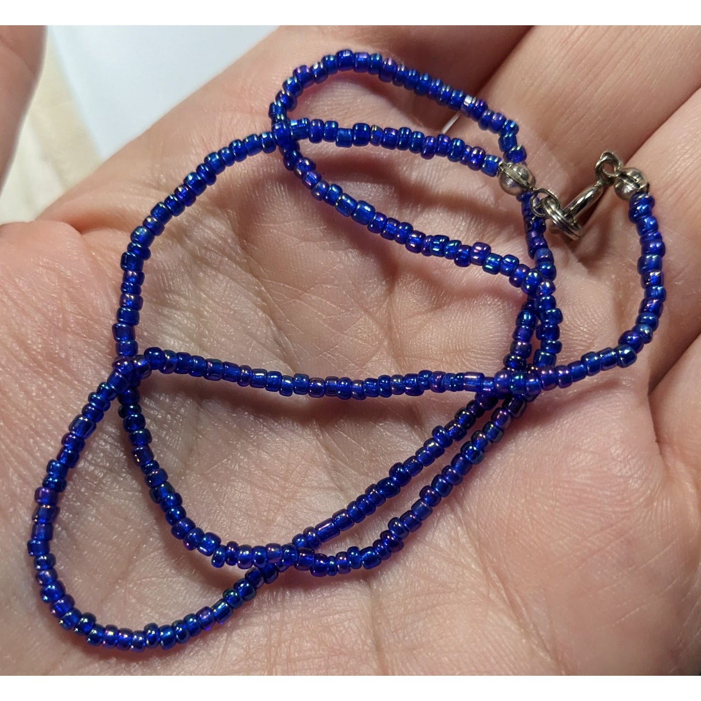Handcrafted Iridescent Blue Seed Bead Necklace