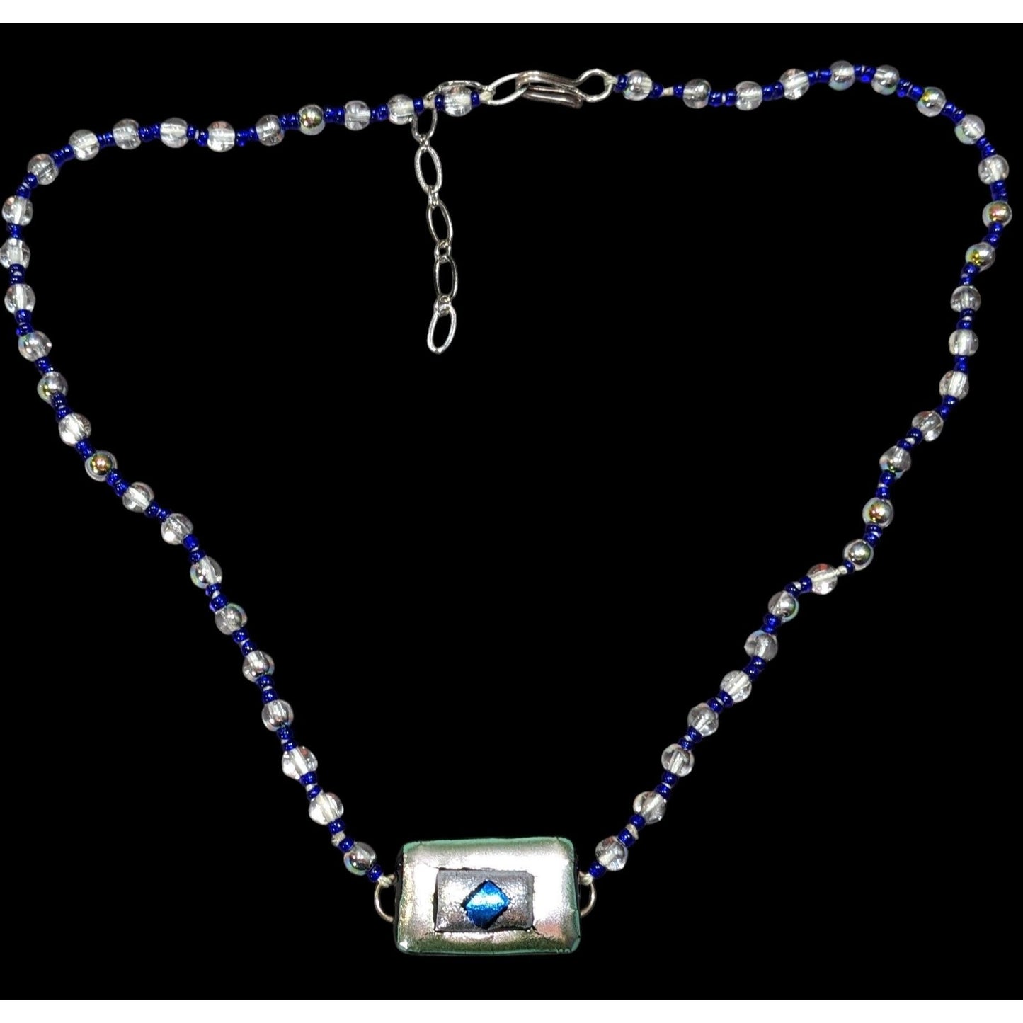 Handmade Dichroic Glass Blue And Silver Tone Necklace