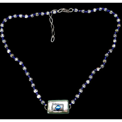 Handmade Dichroic Glass Blue And Silver Tone Necklace