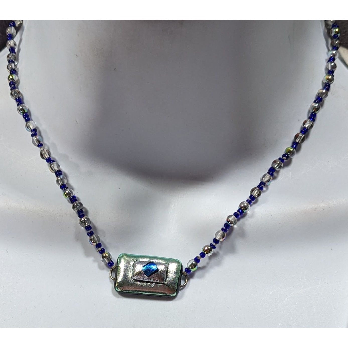 Handmade Dichroic Glass Blue And Silver Tone Necklace