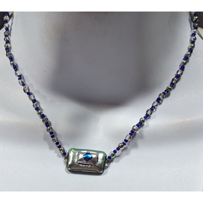 Handmade Dichroic Glass Blue And Silver Tone Necklace