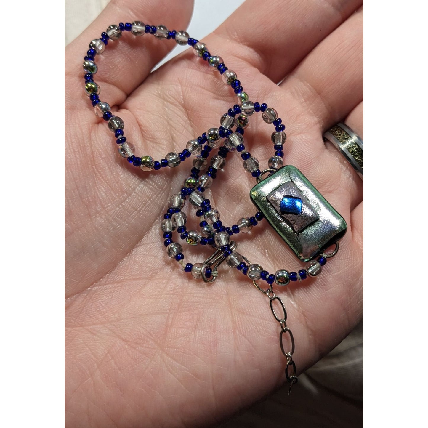 Handmade Dichroic Glass Blue And Silver Tone Necklace
