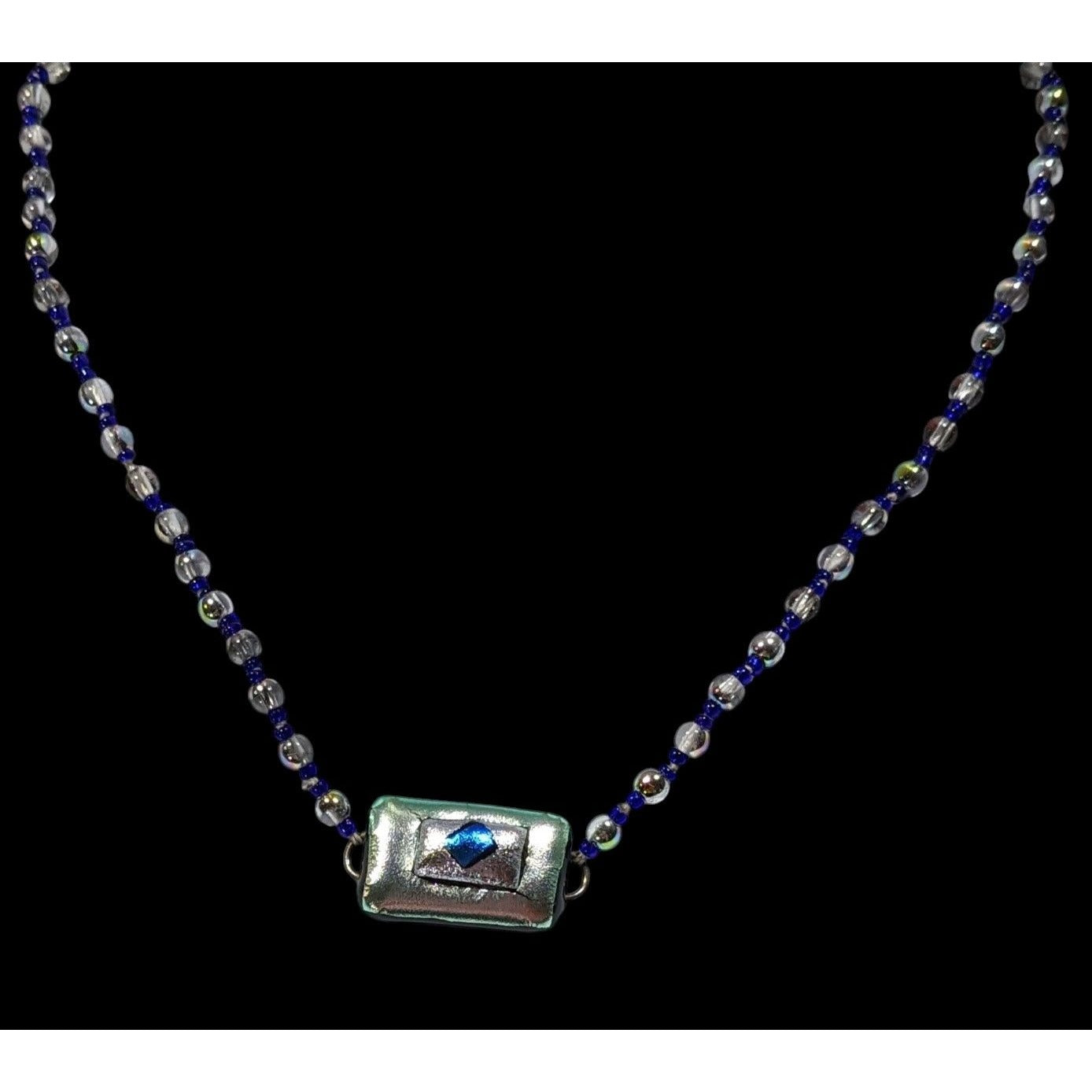 Handmade Dichroic Glass Blue And Silver Tone Necklace