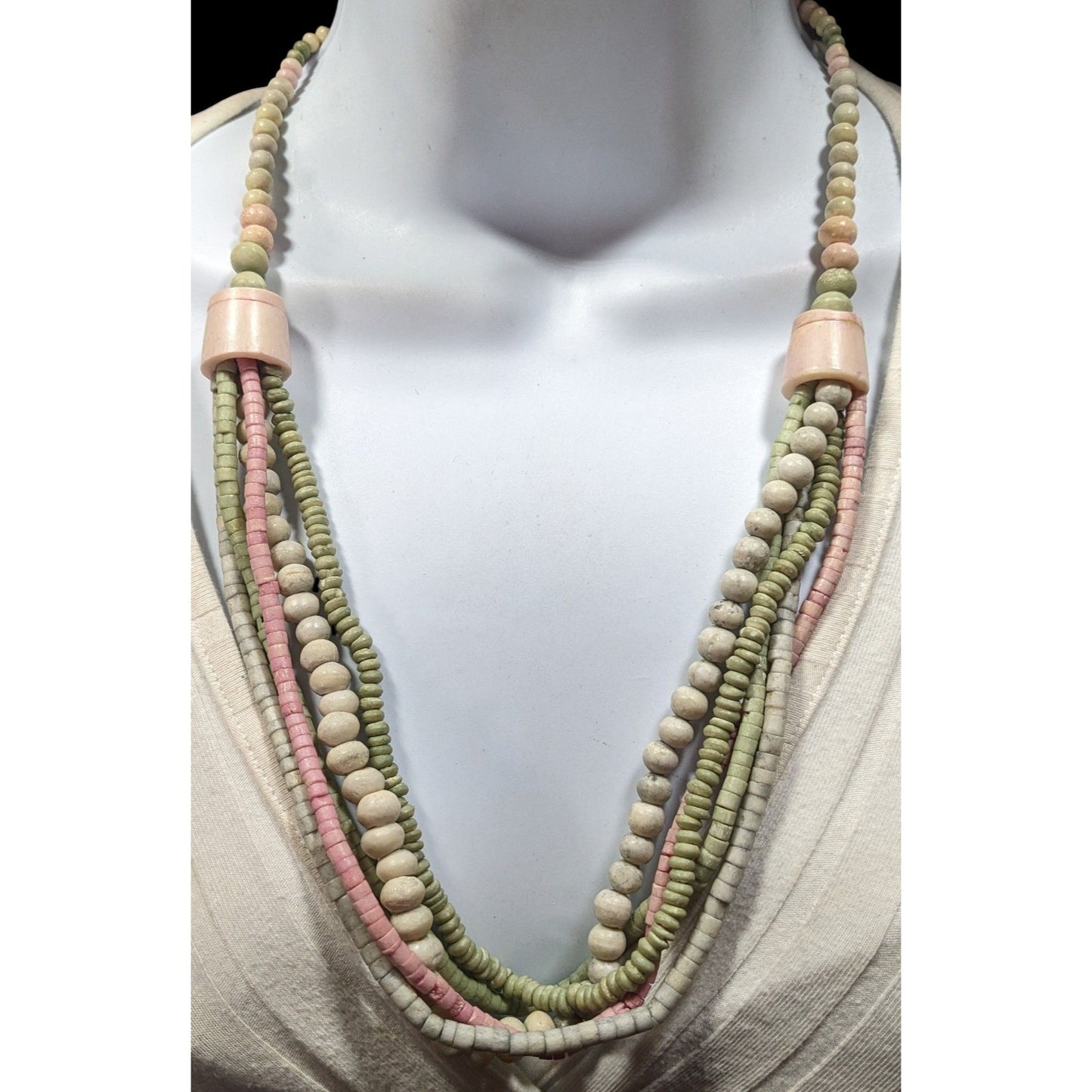 Vintage Pastel Pink And Green Beaded Layered Necklace