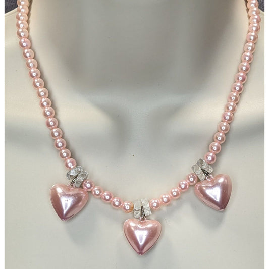 Romantic Coquette Pastel Pink Faux Pearl Necklace With Heart Charms & Crystal Accents