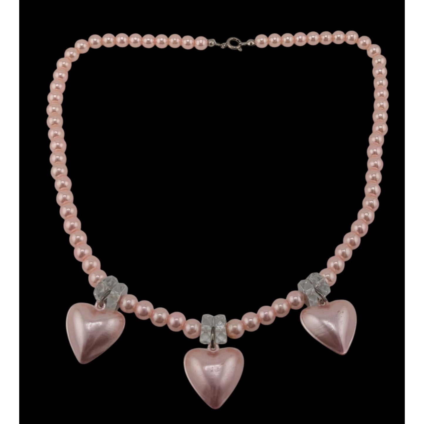 Romantic Coquette Pastel Pink Faux Pearl Necklace With Heart Charms & Crystal Accents