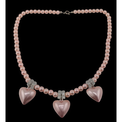 Romantic Coquette Pastel Pink Faux Pearl Necklace With Heart Charms & Crystal Accents